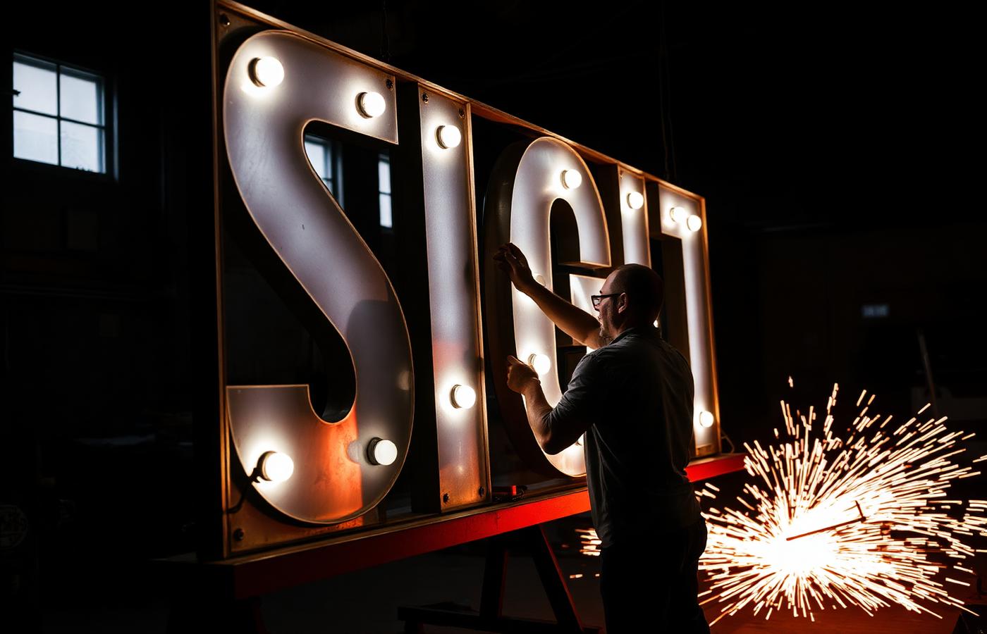 Sign fabrication workshop with a technician assembling a large illuminated sign